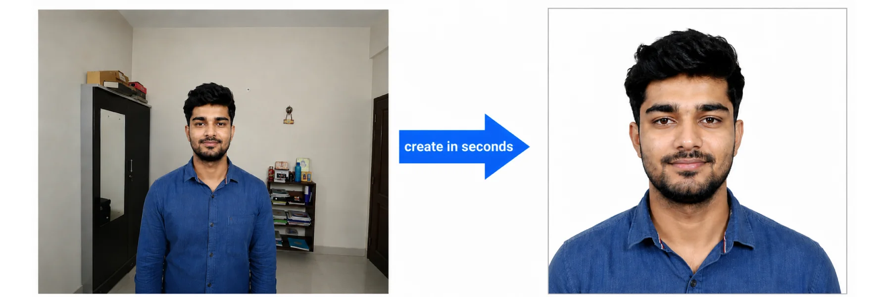 Before and after: how your photo looks once cropped to passport size using our tool.